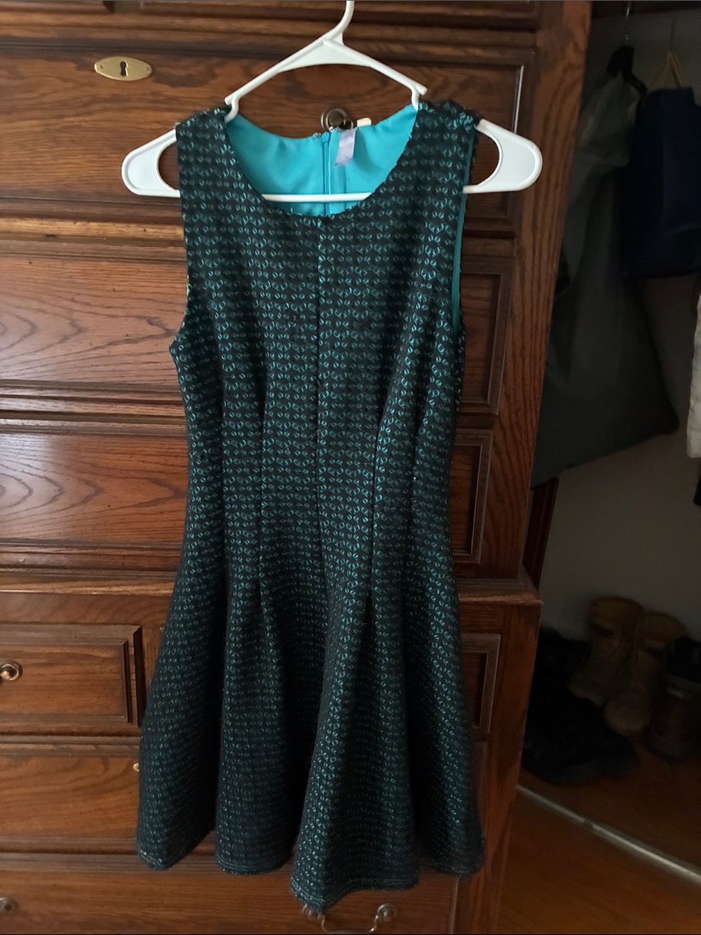 Sleeveless Teal and Black Fit-and-Flare Dress